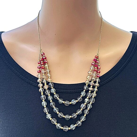Ann Taylor LOFT Faceted Deep Rose and AB Clear Gold Tone Beads Triple Tier - Picture 2 of 3